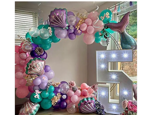Mermaid Tail Balloon Arch Garland kit 97 pcs with party decorations featuring pink, purple, and blue balloons for celebration events. Main image