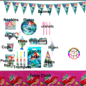 Little Mermaid Themed Party Tableware Set 136pcs, featuring banner, napkins, plates, utensils, masks, and more for perfect party decor. Main image