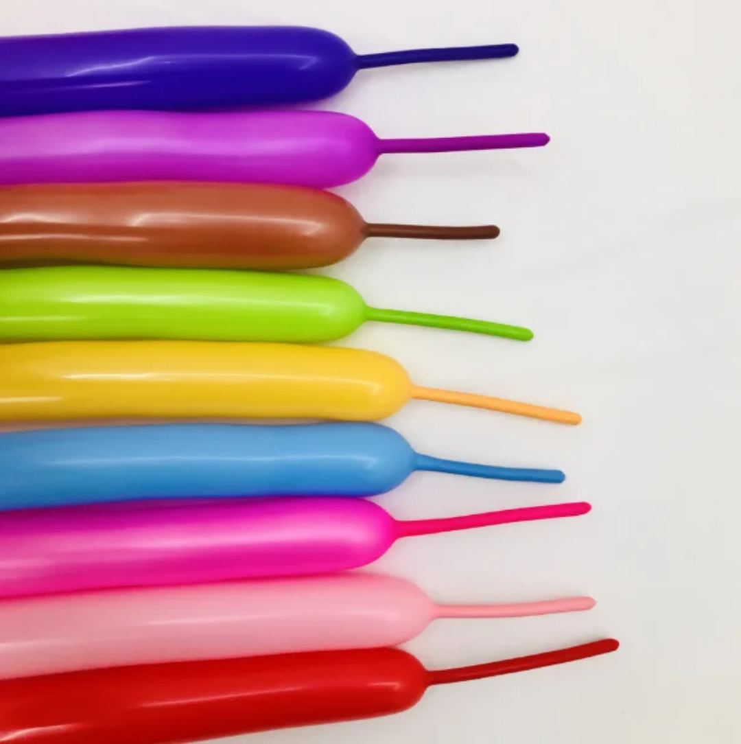 Chrome Multi Color Long Balloons 100ct for party decorations and themed events, perfect for balloon animals and colorful displays.