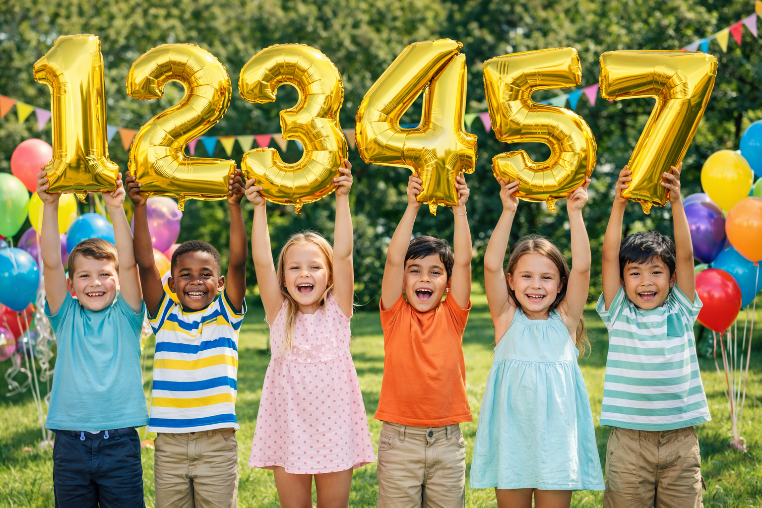 Kids holding Foil Balloon Gold 0-9 at party, perfect for birthday party supplies, party decorations, themed party decor and more. Main image