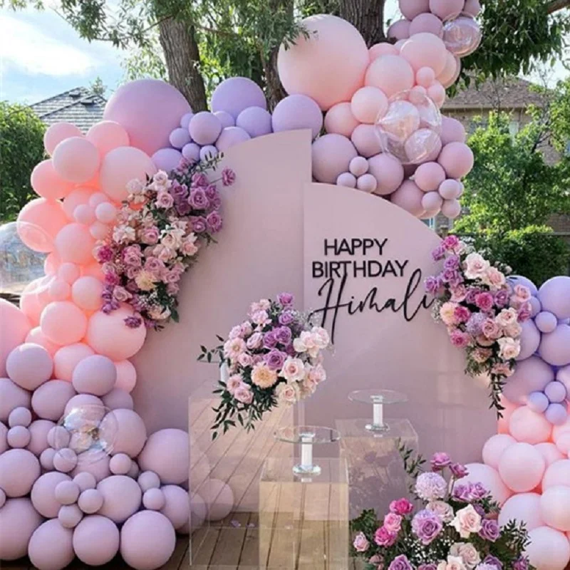 NC 101-221 pcs party decorations with pink and purple balloons, birthday backdrop with flowers, perfect for themed celebrations.
