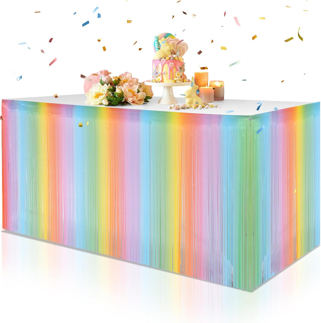Rainbow Pastel Fringe Table Skirt 2ft x 9ft (2packs) for party supplies and decorations, perfect for themed parties and events.