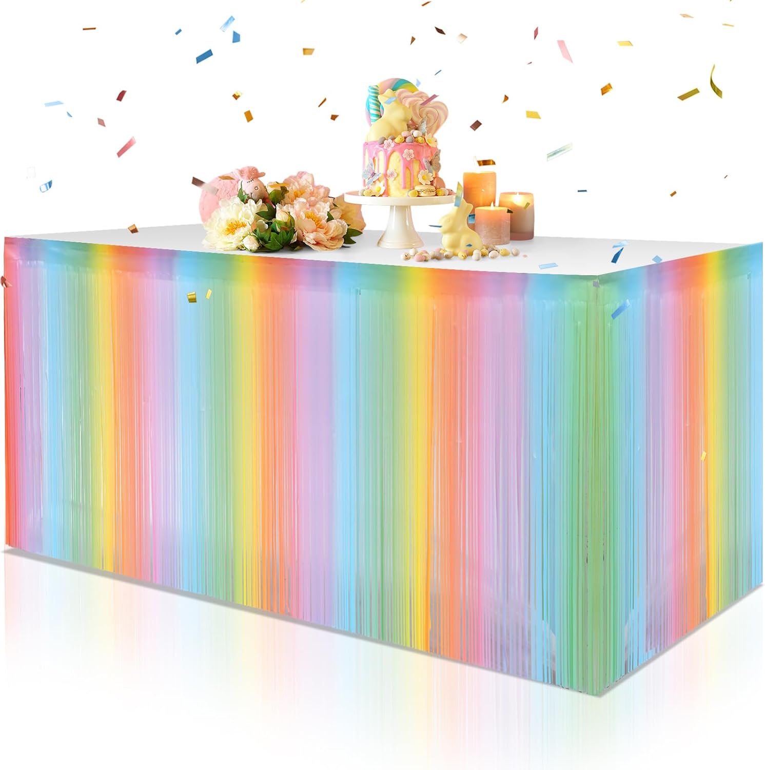 Rainbow Pastel Fringe Table Skirt 2ft x 9ft (2packs) for party supplies and decorations, perfect for themed parties and events.