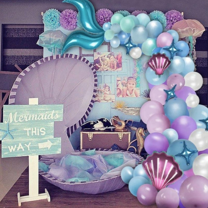Mermaid Theme Tail Shell Balloon Garland Kit 87 pcs party decorations for kids' birthday or baby shower.