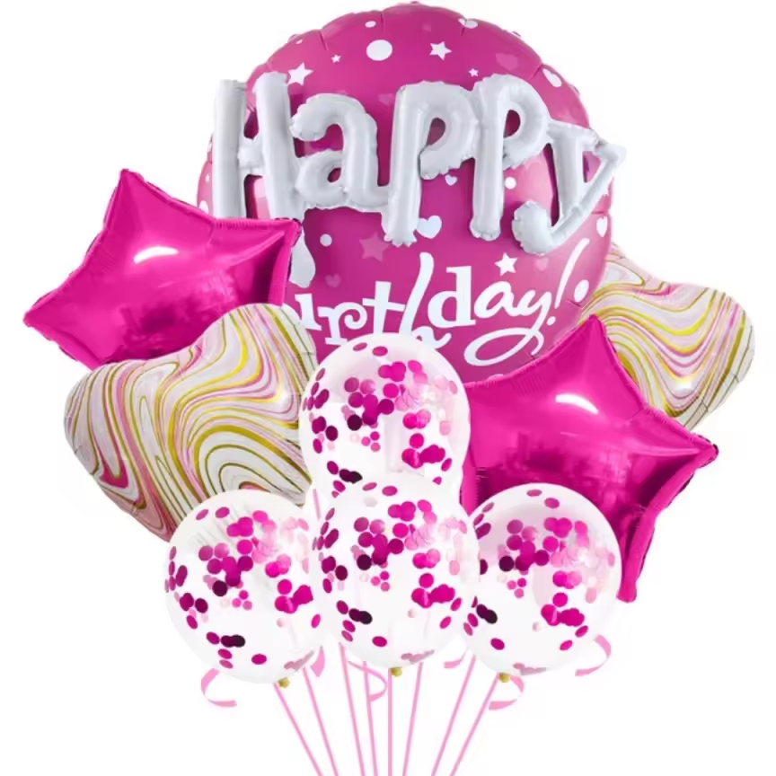 22in 3D Happy Birthday Balloon Bouquet Fuchsia, party supplies, birthday party decorations, includes foil star and confetti balloons Main image