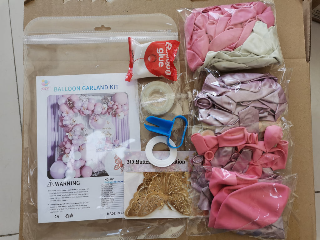 Macaron Pink Metallic Pink 3D Butterfly 102pcs party balloon garland kit with decor accessories for themed party decorations