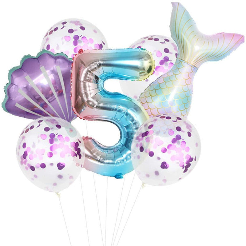 Mermaid Balloon Garland 9 pcs #5 for party decorations; includes confetti balloons, foil shell, and number 5 ideal for birthdays or events.