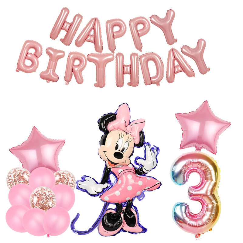 Mini Happy Birthday Balloon Garland Kit #3 with pink balloons, star foil balloons, Minnie figure, and number 3 for party decorations.