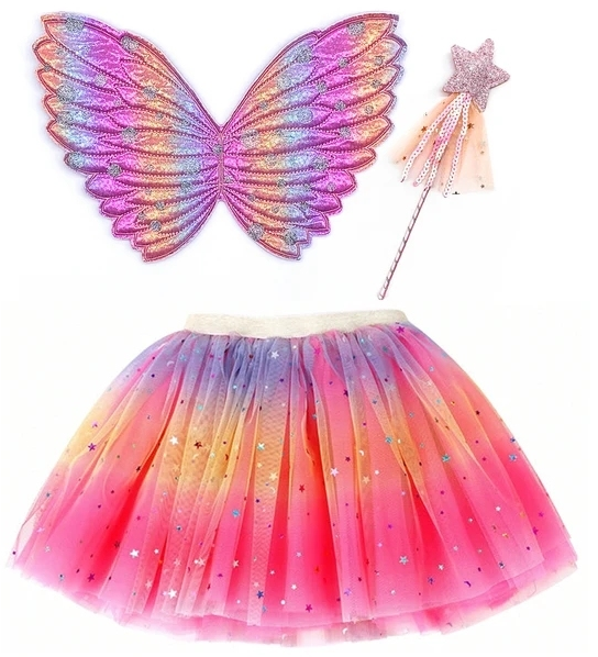 Girls Ombre Glitter Tutu with wings 3pcs set for birthday, party supplies, party decorations, costume, cosplay, kids event decor Main image