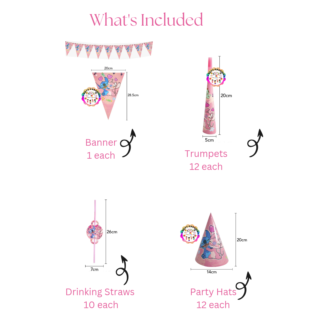Stitch and Angel Tableware Set 179pcs - includes banner, trumpets, drinking straws, party hats; perfect for themed party decor