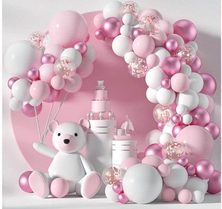 Pink White Metallic Pink Balloon Garland Kit 106 pcs party decor with teddy bear and balloons Main image