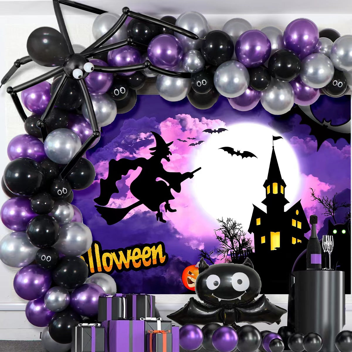 Halloween Balloon Garland Kit 102 pcs with purple, black, and silver balloons for themed party decor and backdrop decoration. Main image