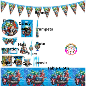 Marvel Avengers Themed Tableware set 136pcs for kids party, includes plates, hats, masks, banner, utensils, and accessories