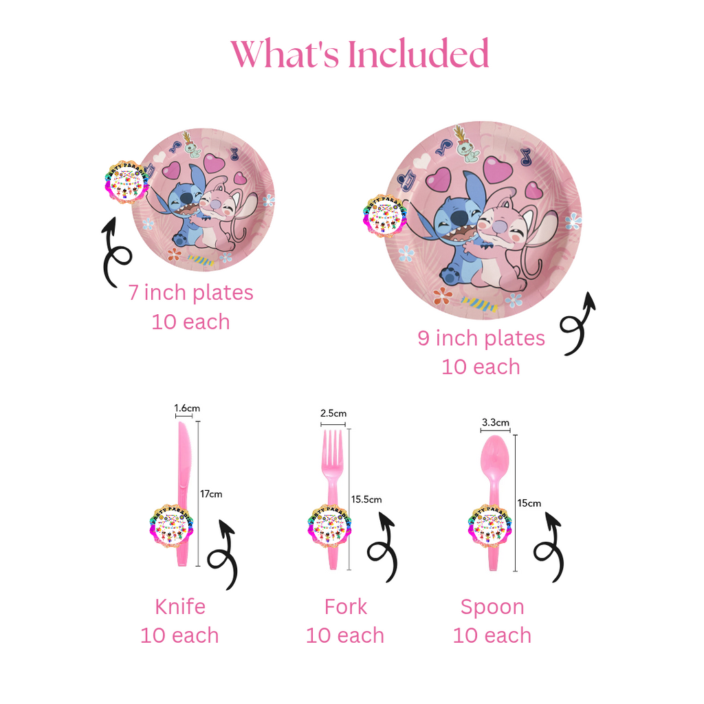 Stitch and Angel Tableware Set 179pcs party tableware with plates, utensils, themed party decor, birthday party supplies, balloons.