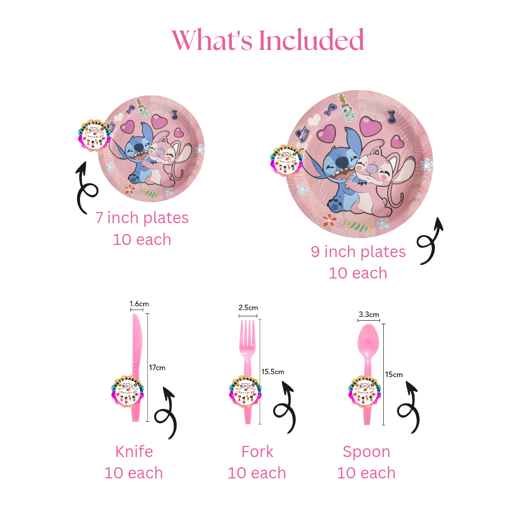 Stitch and Angel Tableware Set 179pcs party tableware with plates, utensils, themed party decor, birthday party supplies, balloons.