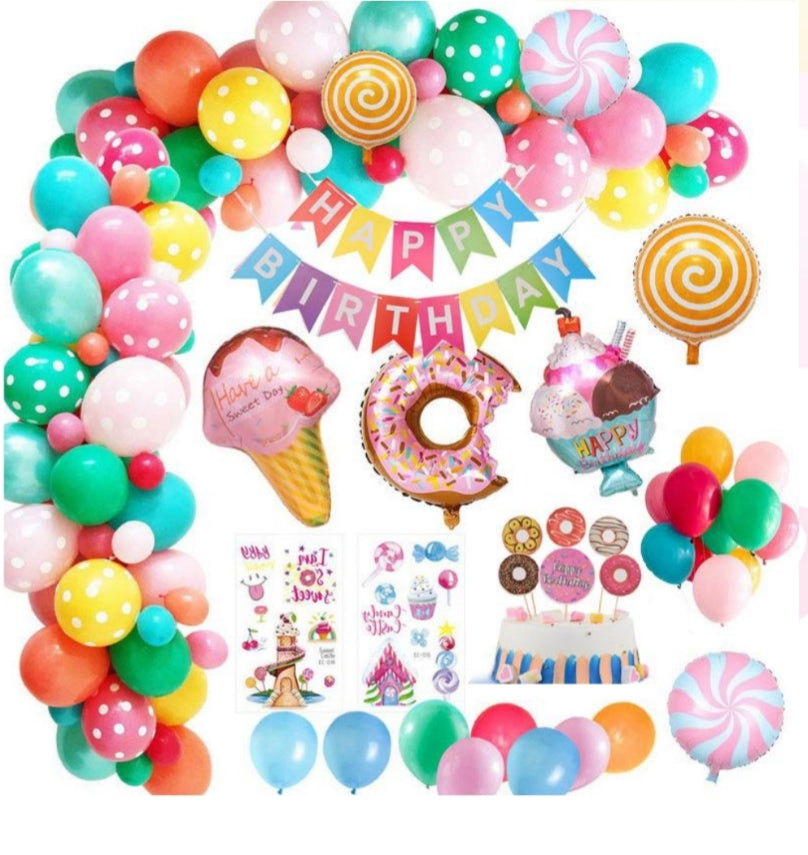 Doughnut Lollipop Party Balloon Garland Kit 102 pcs with colorful balloons and birthday decorations for themed celebrations.