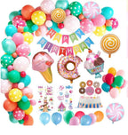 Doughnut Lollipop Party Balloon Garland Kit 102 pcs with colorful balloons and birthday decorations for themed celebrations.