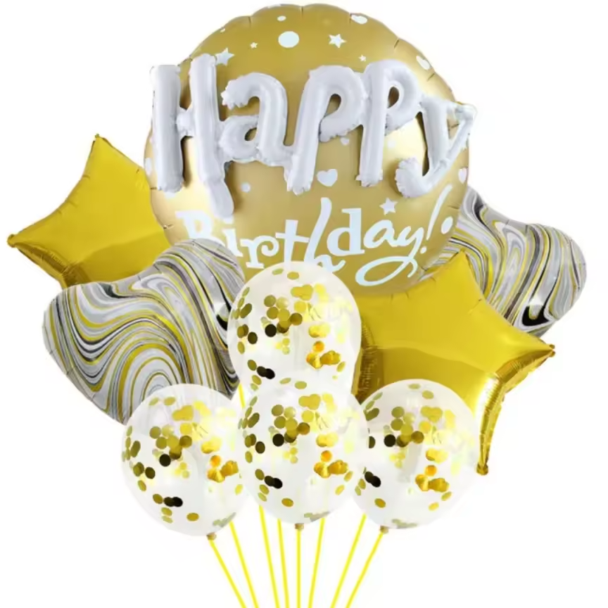22 in 3D Happy Birthday Balloons Bouquets | Yellow, perfect for party decorations and themed celebrations, including confetti balloons.