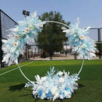 Round Metal Arch Backdrop Stand in Gold for party decorations, balloons, themed events, and celebrations in outdoor setting.