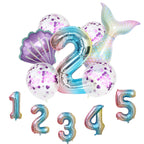 Mermaid Tail Number Balloon Garland 9pcs party supplies with confetti and foil shells for themed birthday or event decorations.