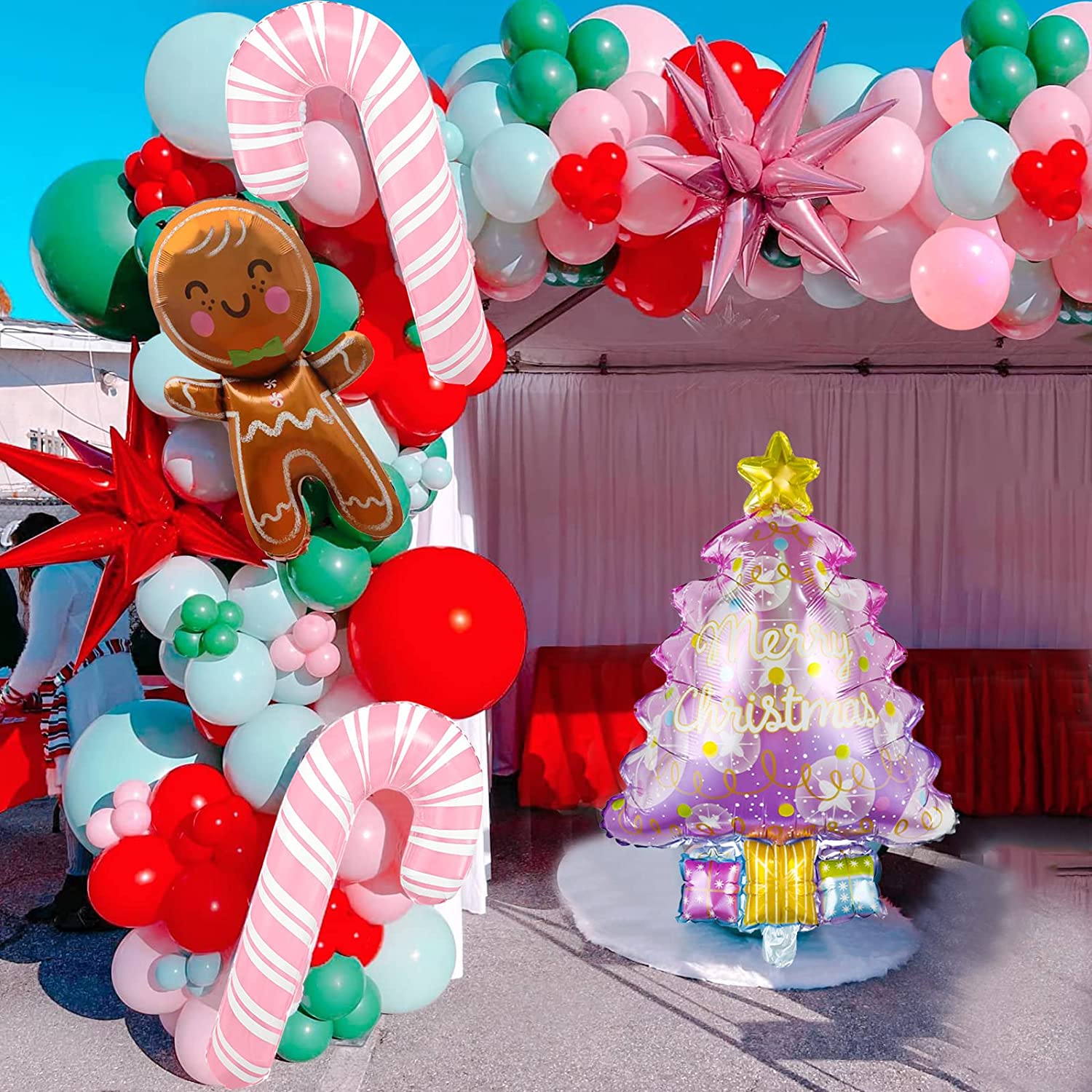 Merry Christmas Balloon Kits Style-4 147pcs, party supplies, themed decorations, festive balloon backdrop with gingerbread and candy cane.