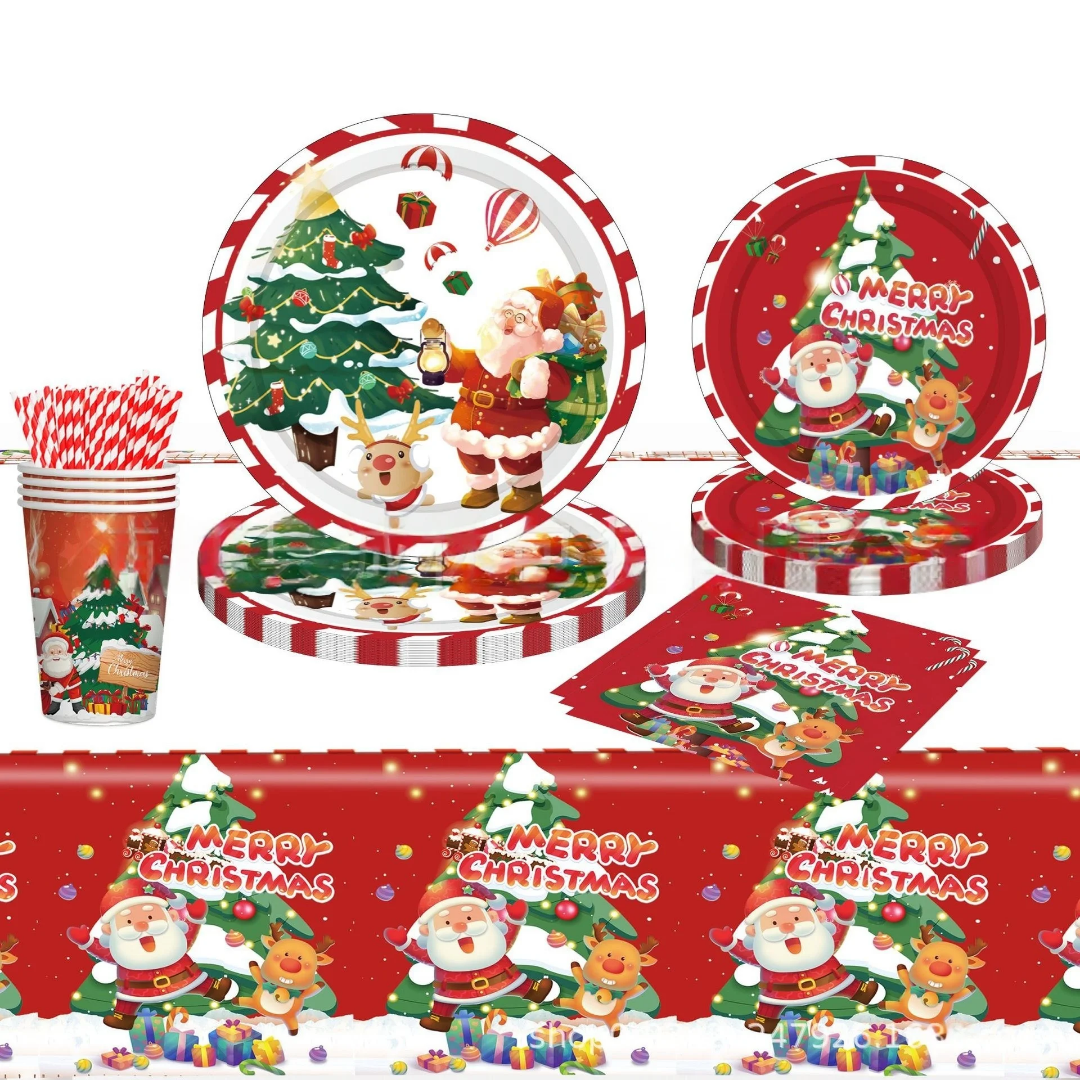 Merry Christmas Tableware Set 117 pcs, party tableware and holiday decorations, includes plates, cups, napkins, perfect for festive events