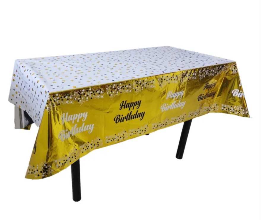 Happy Birthday Gold Black White Table Cover with party decorations, balloons and celebration decorations for themed party decor Main image