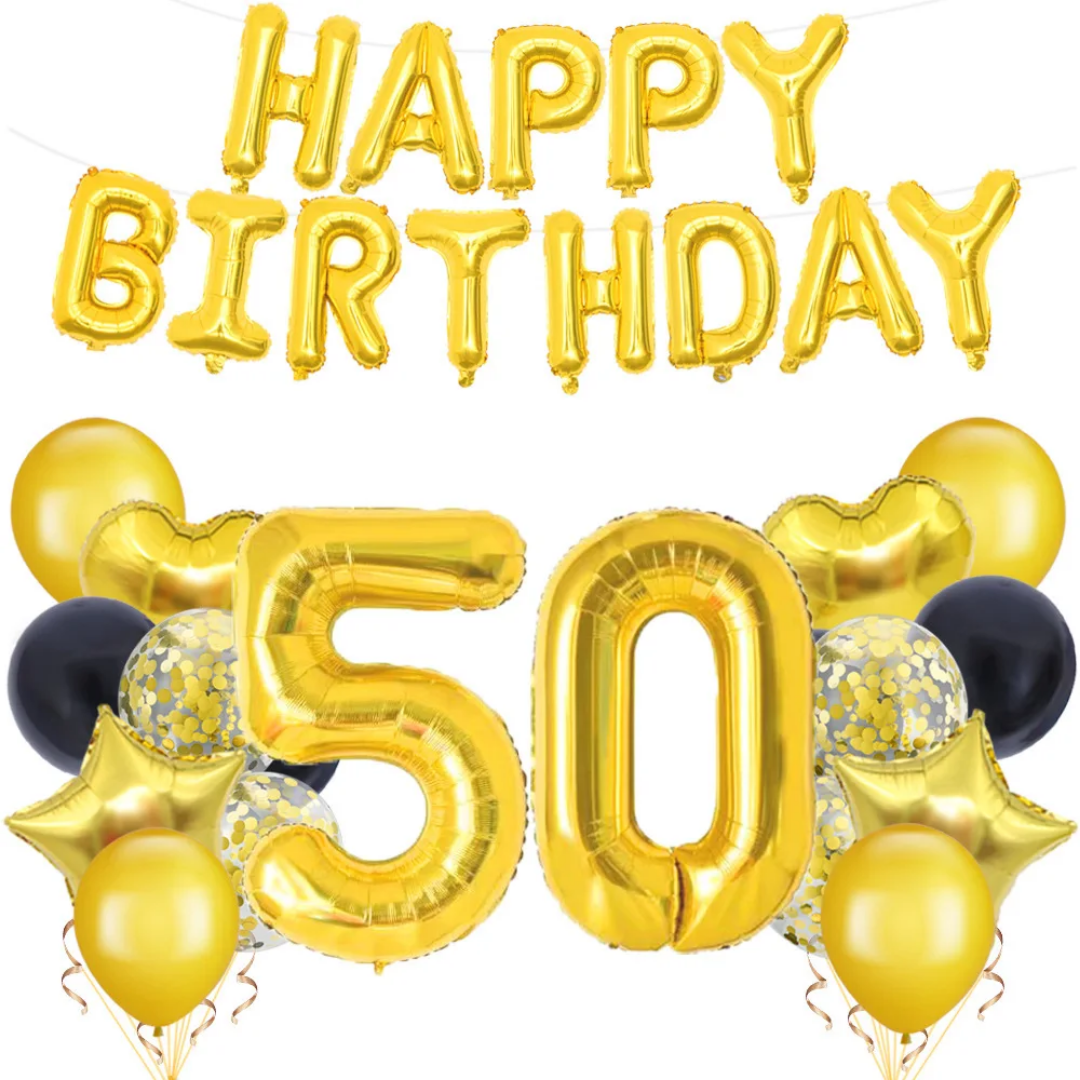50th Birthday Balloon Bouquet -9 pcs, party supplies, balloons, birthday party decorations, gold foil number balloons, party banners Main image