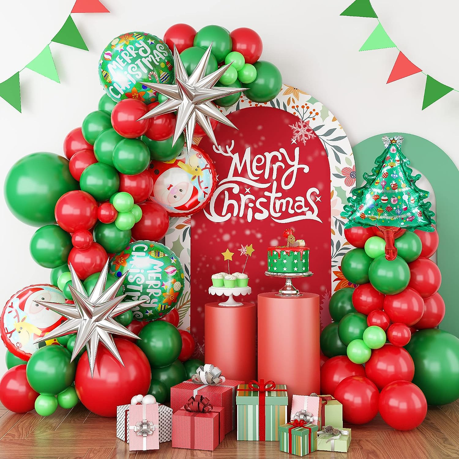 Christmas Themed Balloon Garland Kits with red, green balloons, party decor, Merry Christmas backdrop, for holiday celebrations