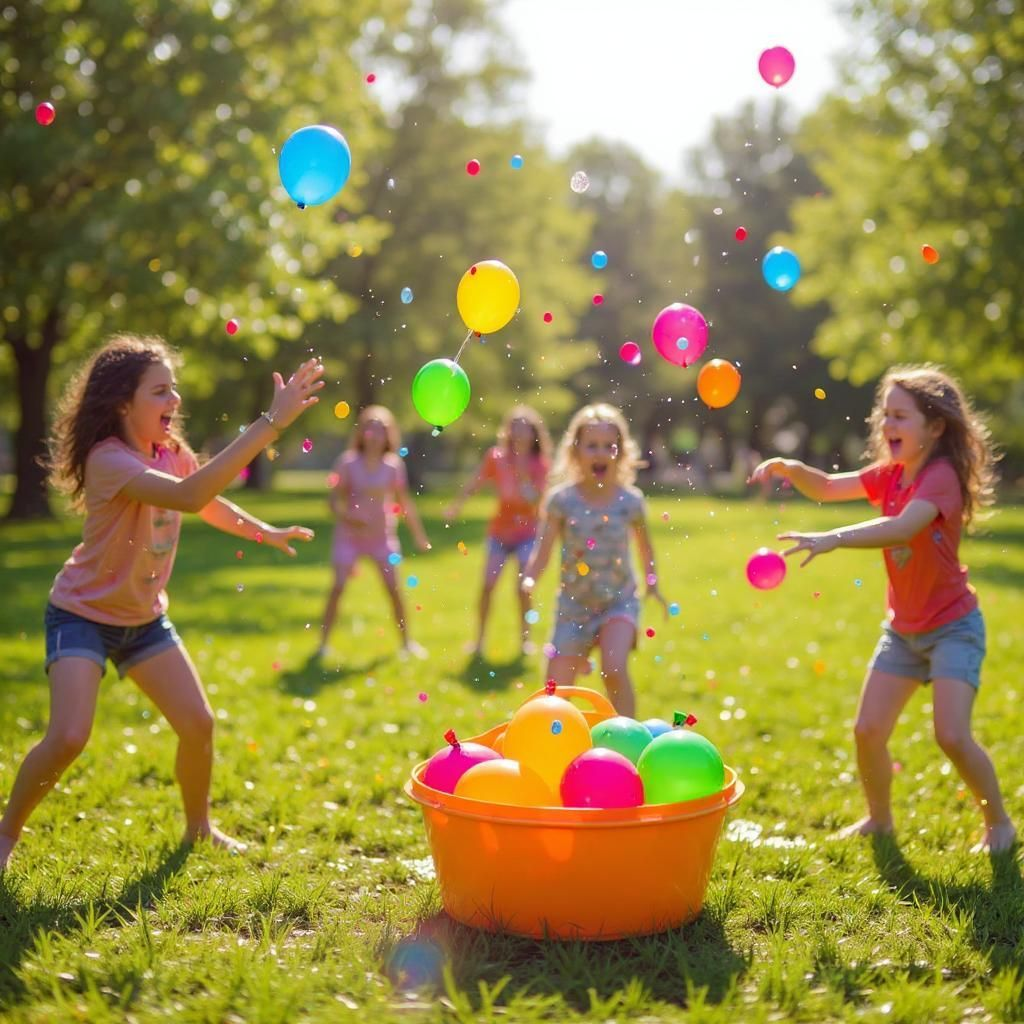 Kids playing with water balloons outdoors, perfect for themed party decor and summer fun, includes 111 pcs easy-fill self-sealing water balloons.
