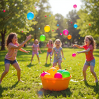 Kids playing with water balloons outdoors, perfect for themed party decor and summer fun, includes 111 pcs easy-fill self-sealing water balloons.