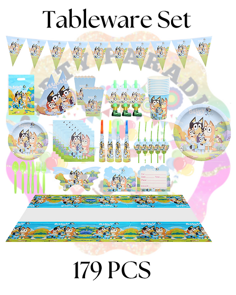 Bluey Character Themed Tableware Set 179pcs, perfect for party supplies, birthday party decorations, and kids party tableware. Main image