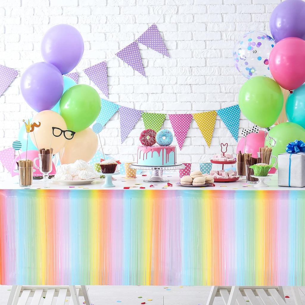 Rainbow Pastel Fringe Table Skirt 2ft x 9ft (2packs) with balloons and party decorations for themed celebrations.