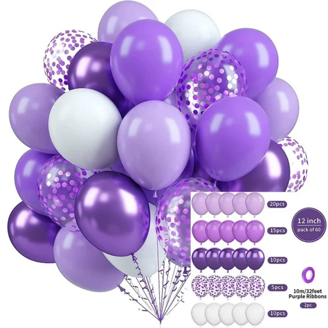 Purple, While, Lavender Confetti Balloon Bouquet 60pc party supplies, wedding decorations, baby shower balloons.