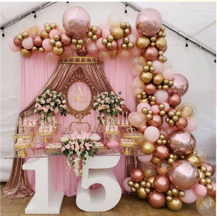 Pink, Gold , 4D foil rose gold balloon arch garland kit 152 pcs for party decorations, featuring metallic balloons, perfect for events.