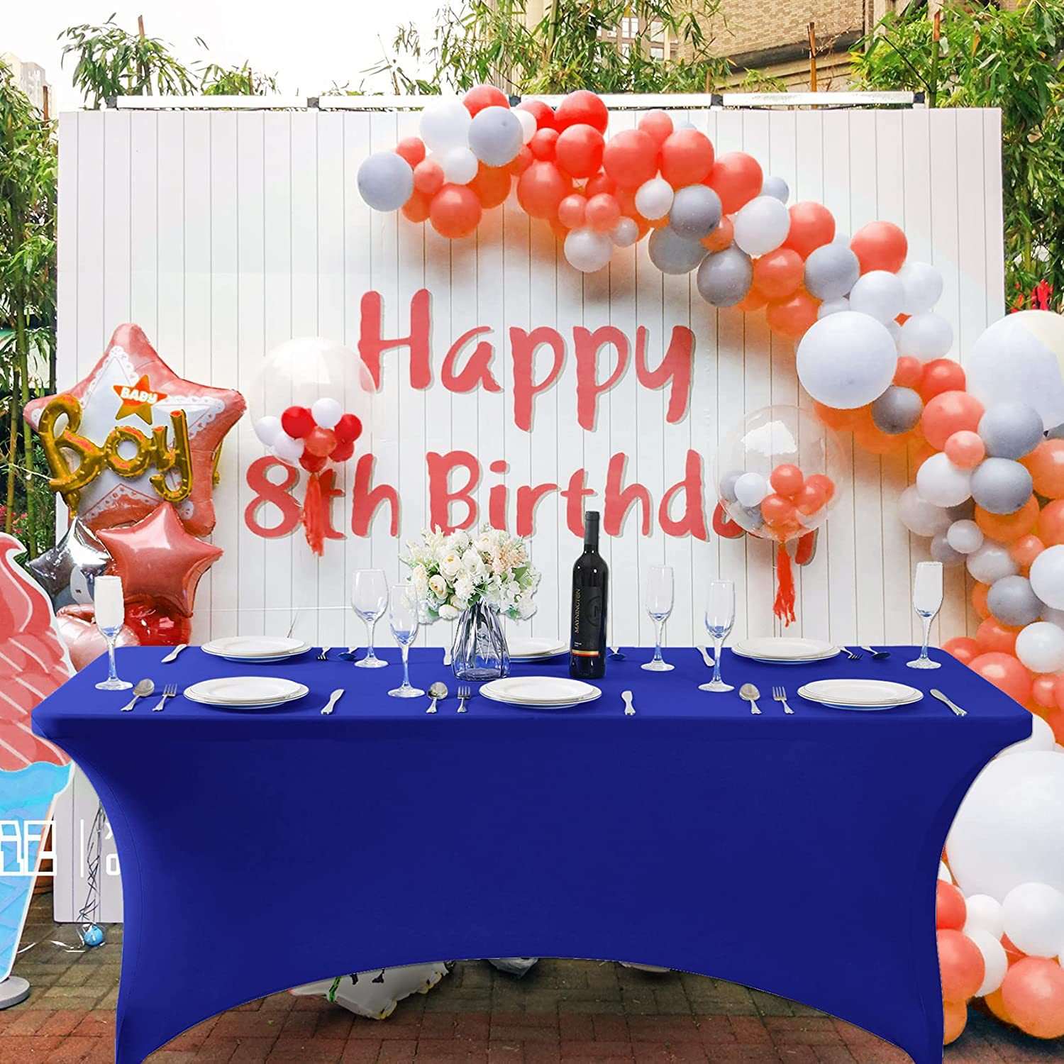 Stretch Spandex Retangular Tablecover 6ft in Blue, perfect for birthday party supplies and themed decorations. Main image