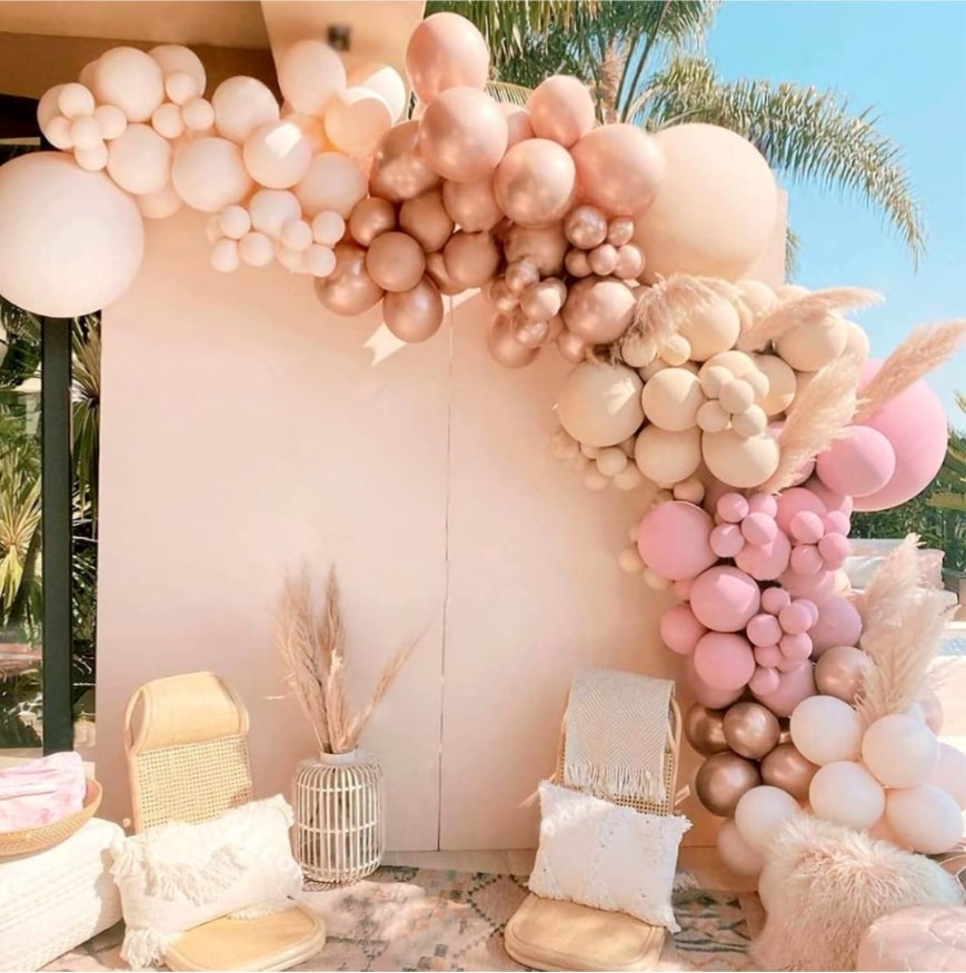Retro Dusty Pink Chrome Rose Gold Balloon Arch Garland Kit 126 pcs party decorations for birthday and wedding events.