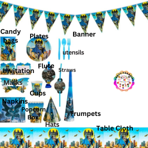 Batman Themed Party Tableware Set 136pcs with banner, plates, cups, utensils, hats, and party decorations for kids event