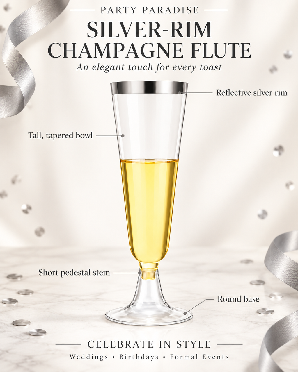 Silver Rim Champagne Flutes for Weddings Birthday Engagement 20PCS