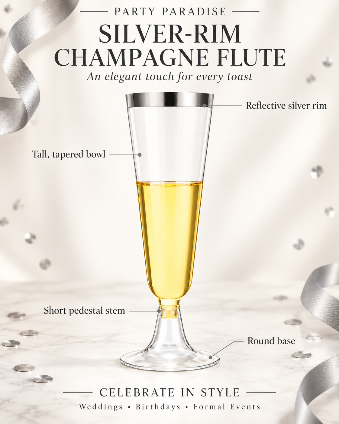 Silver Rim Champagne Flutes for Weddings Birthday Engagement 20PCS