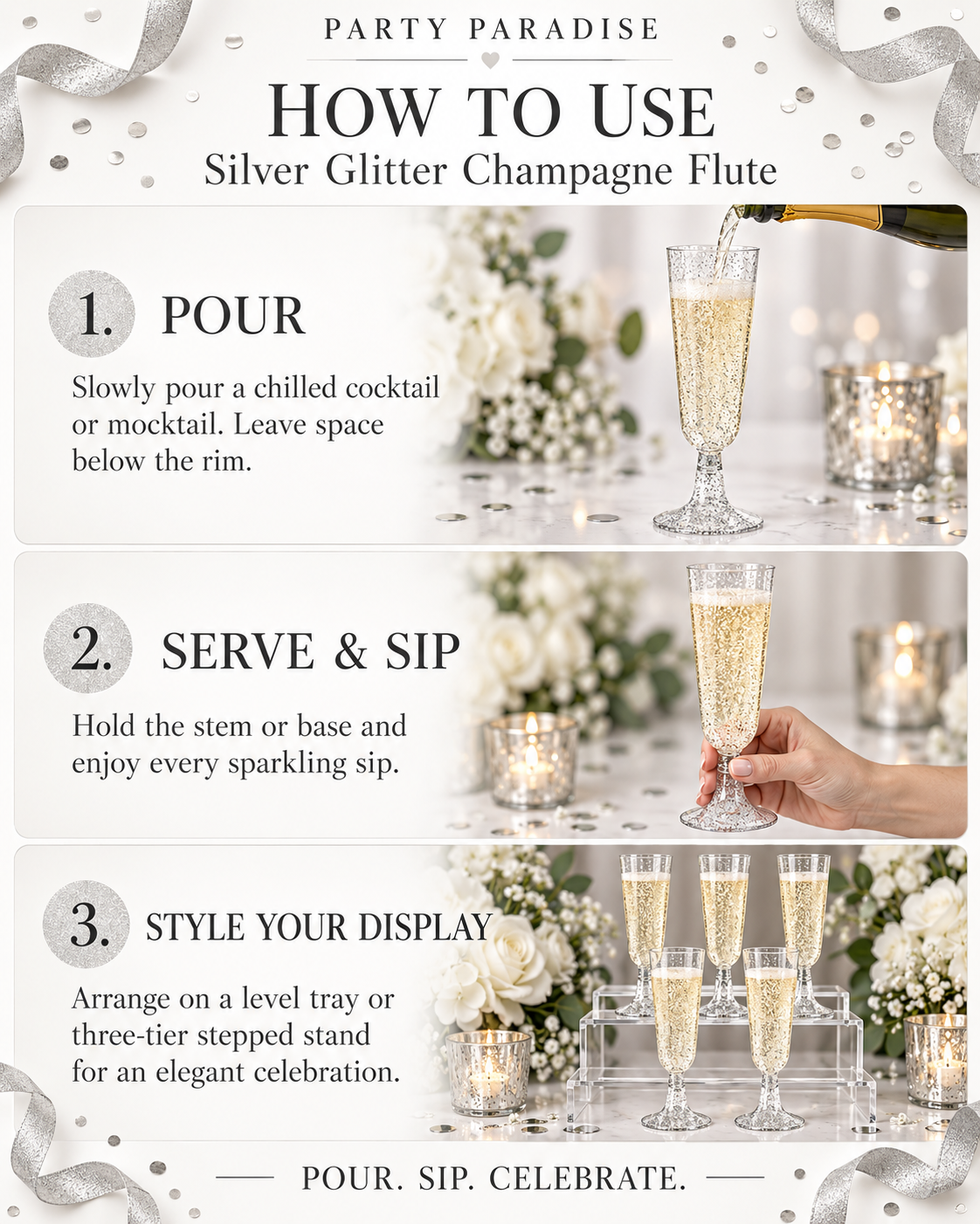 Silver Glitter Flutes 20 Pack Disposable Glasses 5oz Clear Plastic Mimosa Glasses Wedding Cocktail Cups Bulk for New Years Eve Party Supplies Engagement Birthday Decorations
