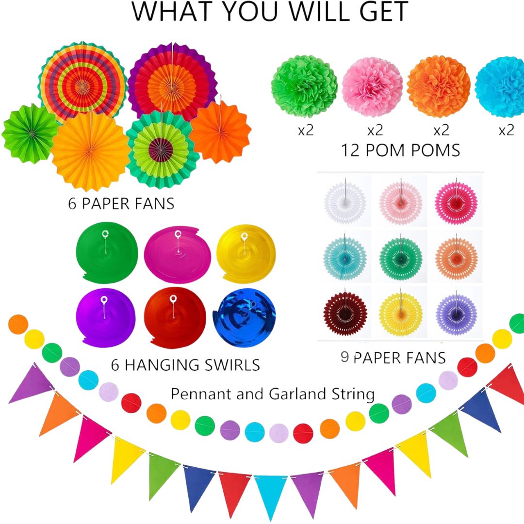 36Pcs Cinco De Mayo Decorations Fiesta Party Decorations Multi-Color Paper Fans Garlands Pennant Pom Poms Hanging Swirls for Birthday Wedding Rainbow Mexican Party