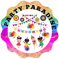 Colorful party decorations with balloons, banners, and kids celebrating; perfect for themed birthday and event supplies.