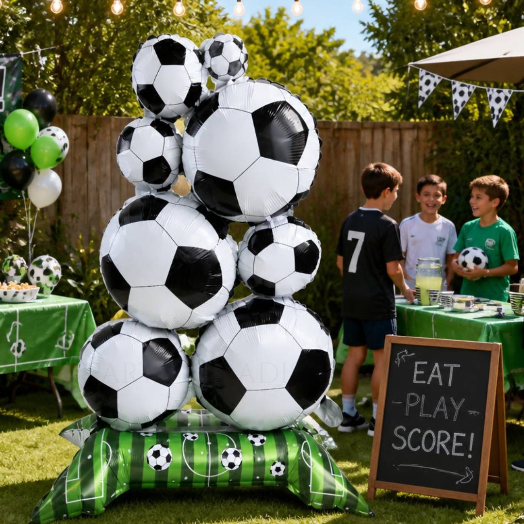 Giant Standing Soccer Ball Balloon Tower - 33"x59" Self-Supporting Football Foil Balloon with Green Field Base for Birthday Party, Sports Event, World Cup, Game Day Event Decorations