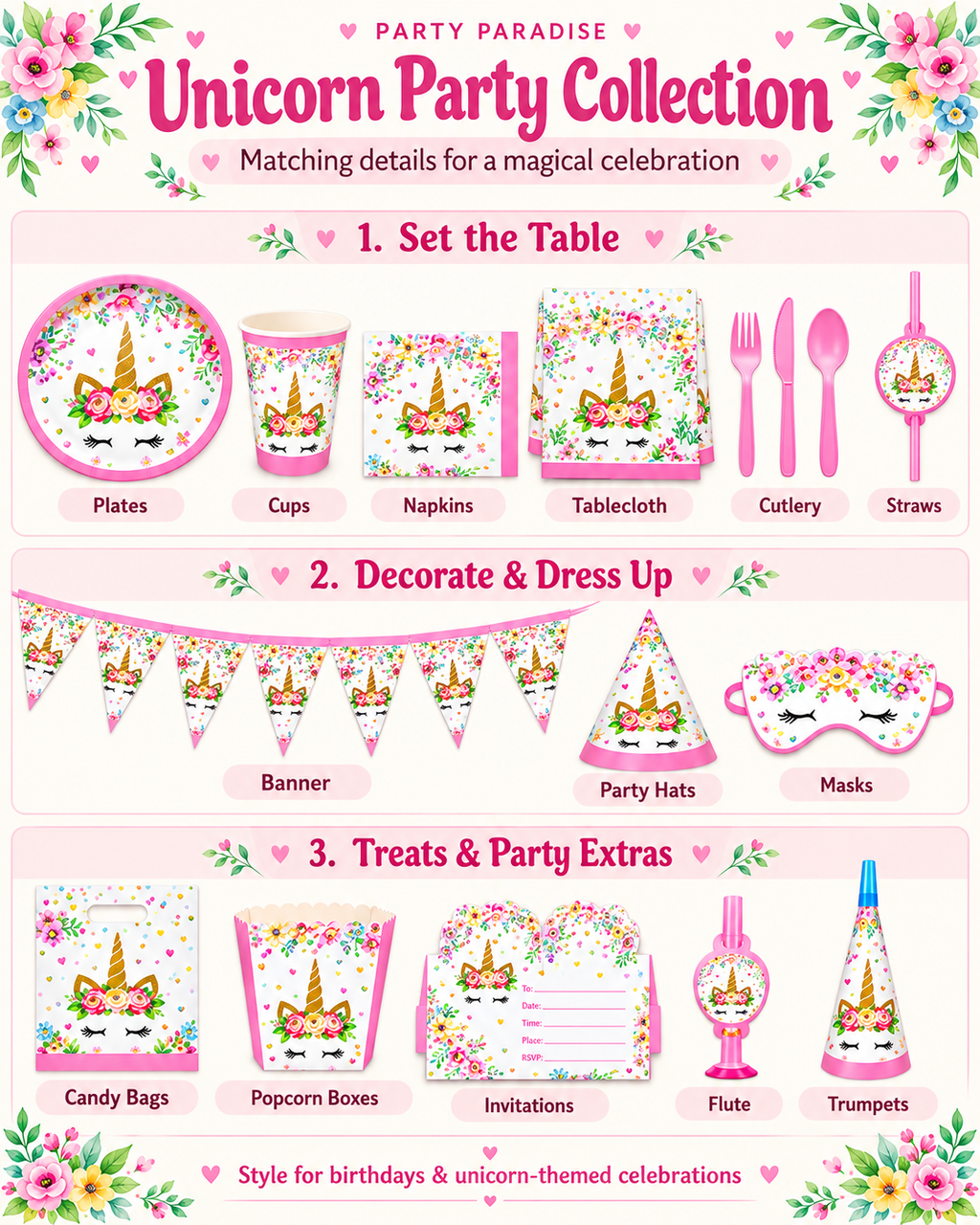 Unicorn Themed Party Set 136 pcs
