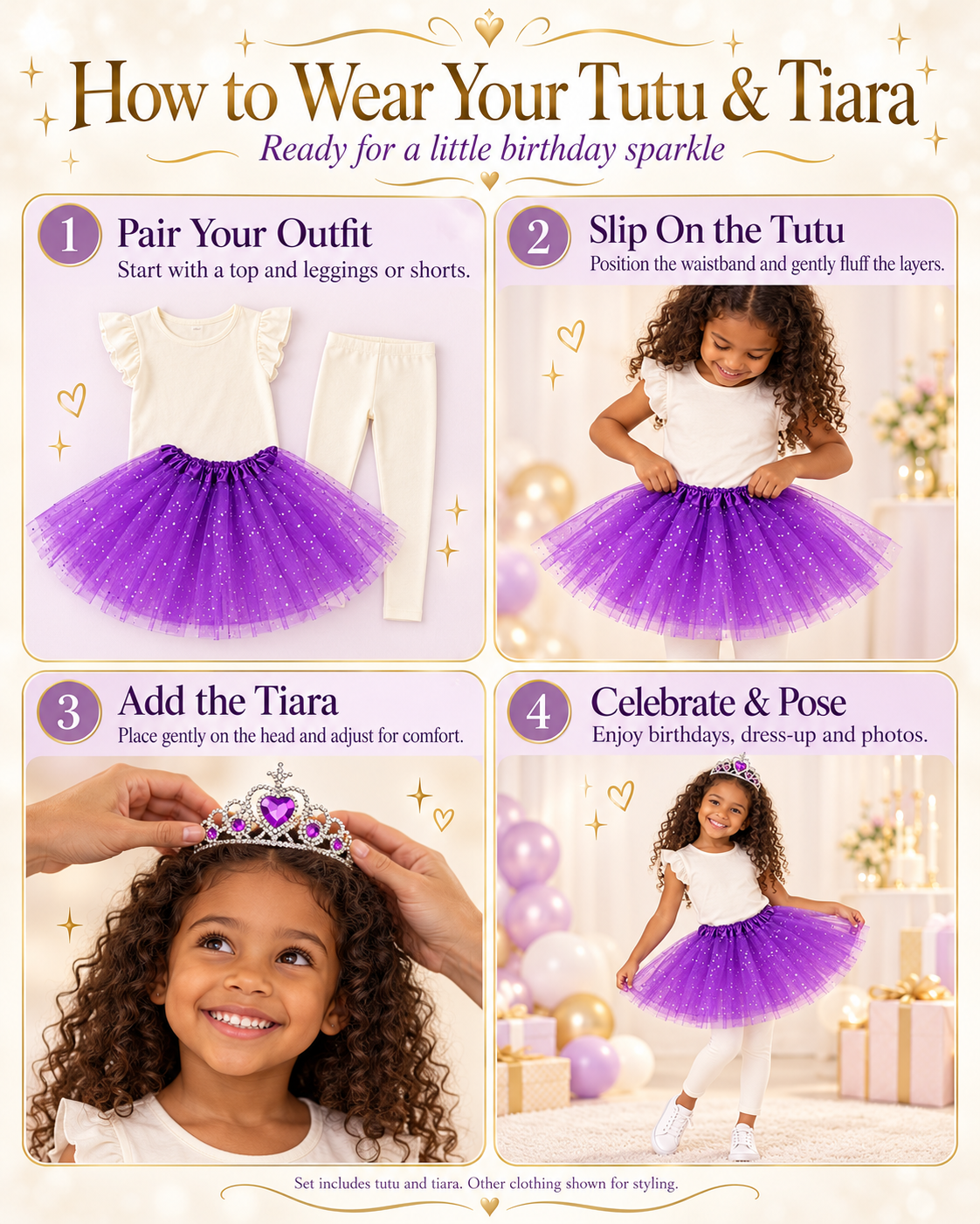 Tutu Skirt Set with Matching Tiara 2 PCS Set in Purple for Birthday Dress-up or Cosplay