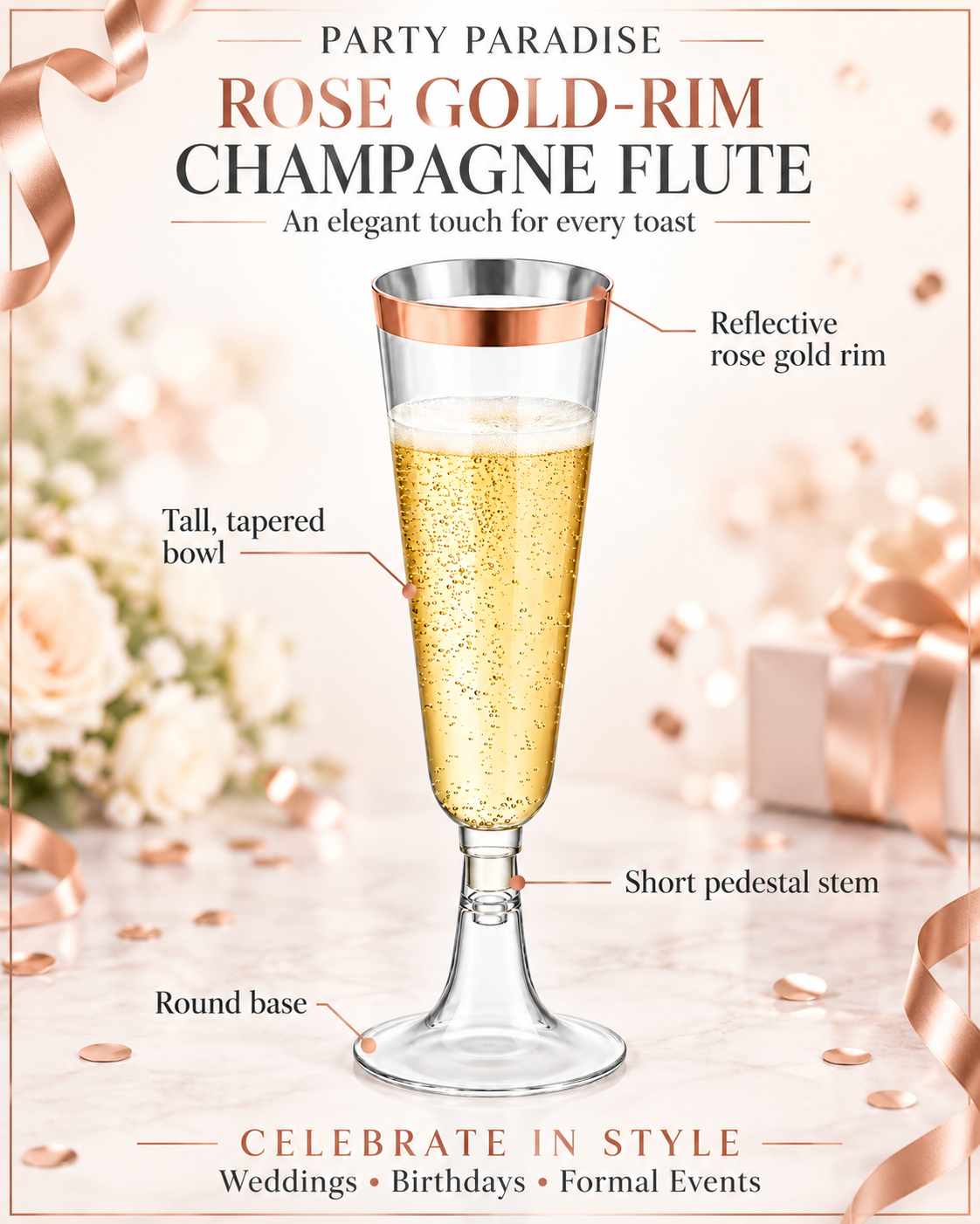 Rose Gold Rim Champagne Flute for Weddings Birthday Bridal Party 20 PCS