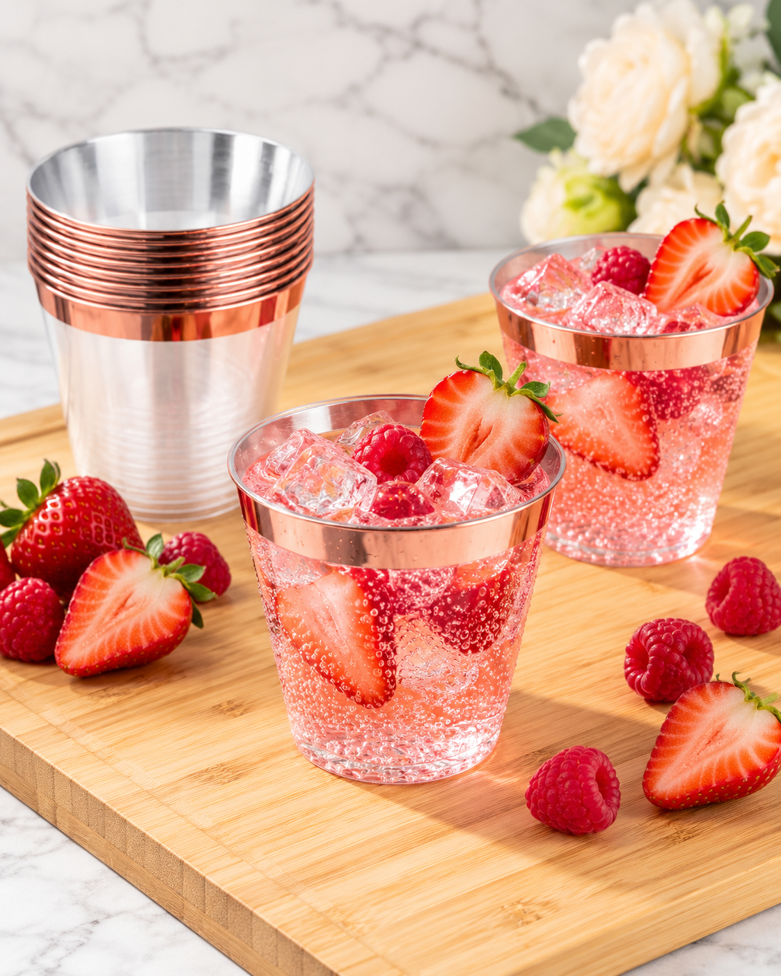Rose Gold Rimmed Transparent Plastic Cup Single Wall Disposable Champagne Glass 9 oz for Party Wedding 20 PCS