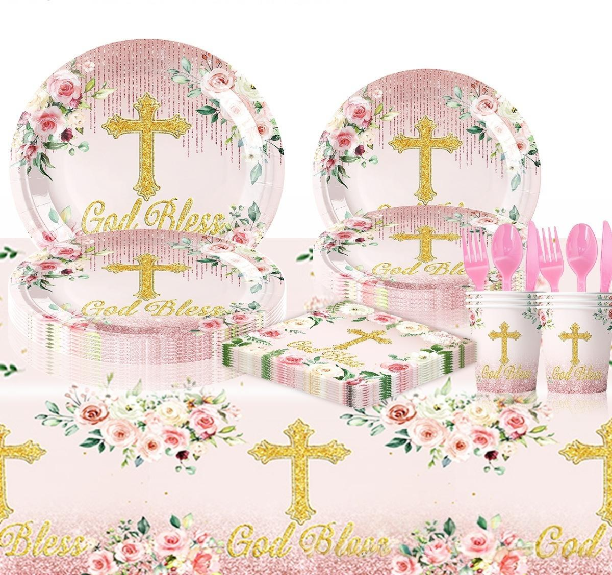 Baptism Pink Tableware Set 101pcs Main image