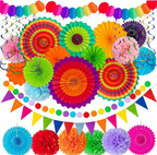 36Pcs Cinco De Mayo Decorations Fiesta Party Decorations Multi-Color Paper Fans Garlands Pennant Pom Poms Hanging Swirls for Birthday Wedding Rainbow Mexican Party